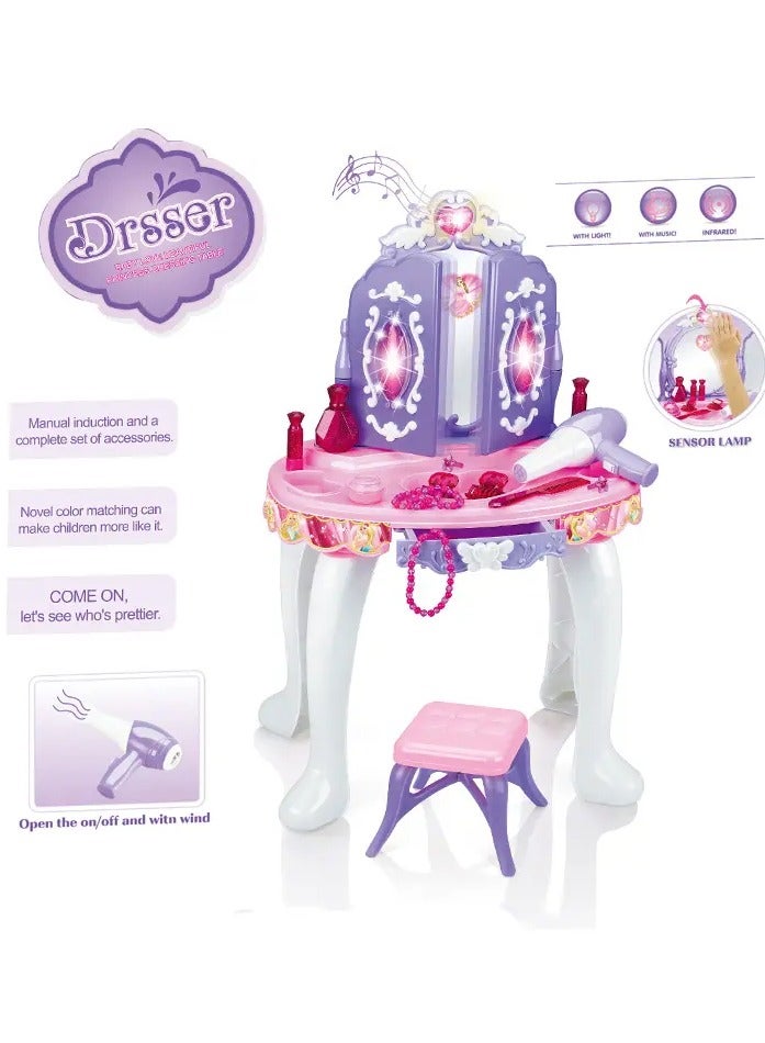 Toy Box Dressing Table Play Set Sensor Operating Toy Beauty Dresser Girl Princess Make up Toys Pretend Play Cosmetic Toy Dresser Set with Light, Music & Chair - Image 4