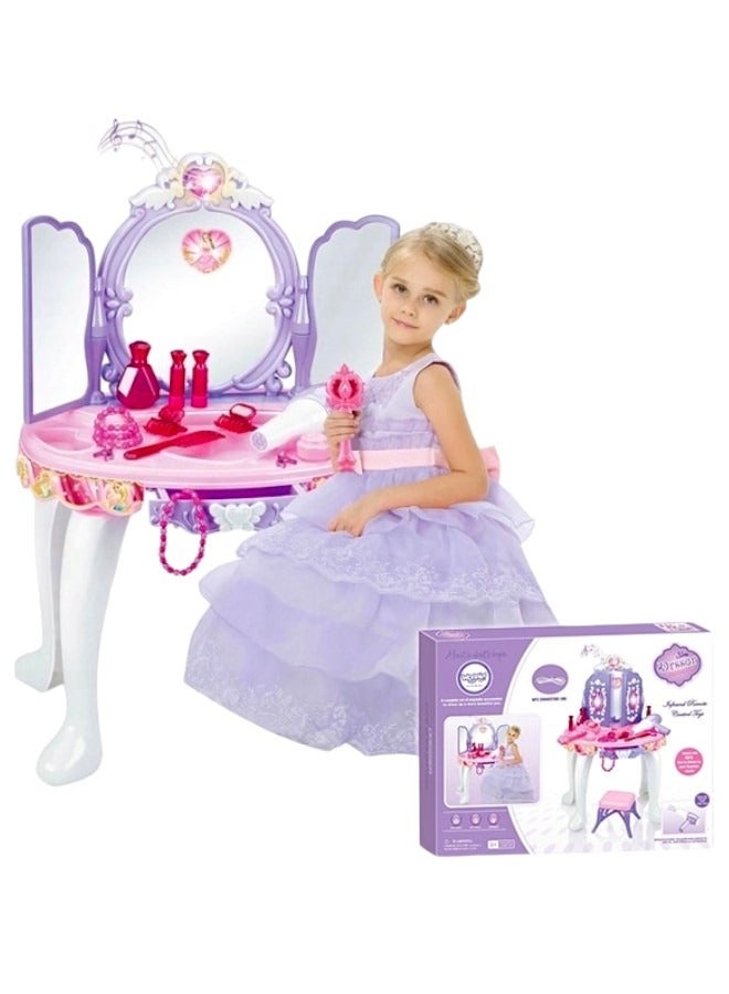 Toy Box Dressing Table Play Set Sensor Operating Toy Beauty Dresser Girl Princess Make up Toys Pretend Play Cosmetic Toy Dresser Set with Light, Music & Chair - Image 5
