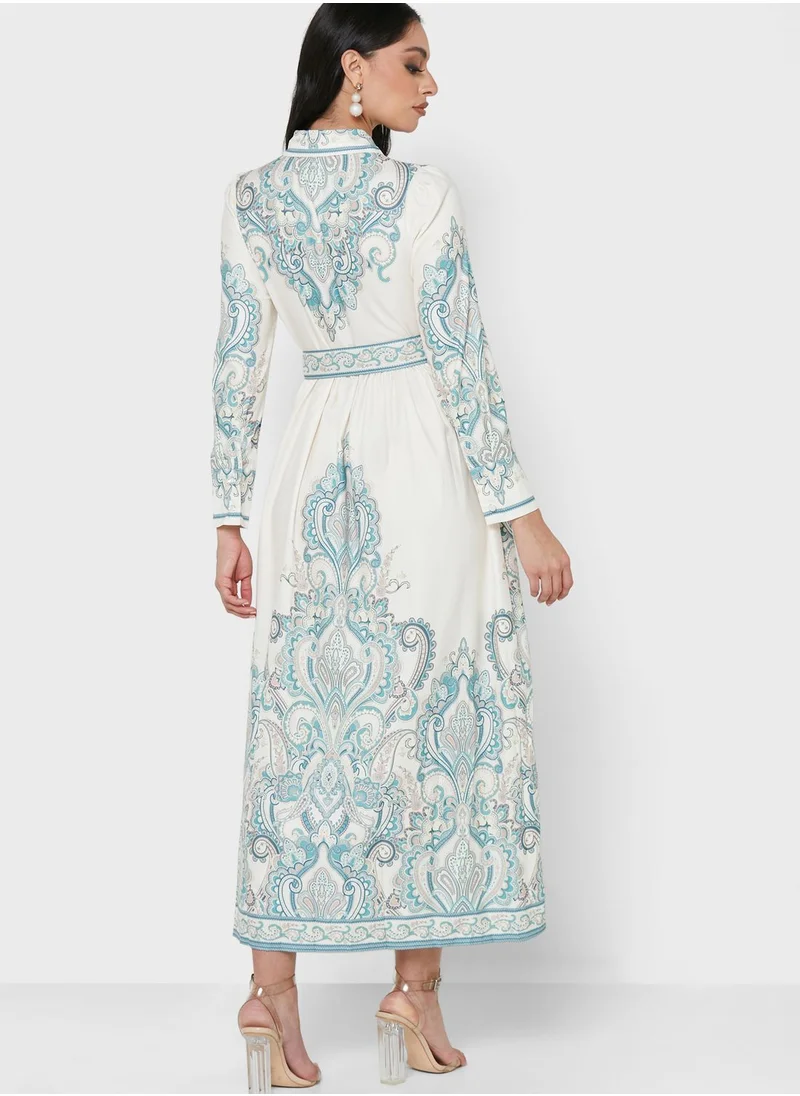 Khizana Collar Belted Printed Dress