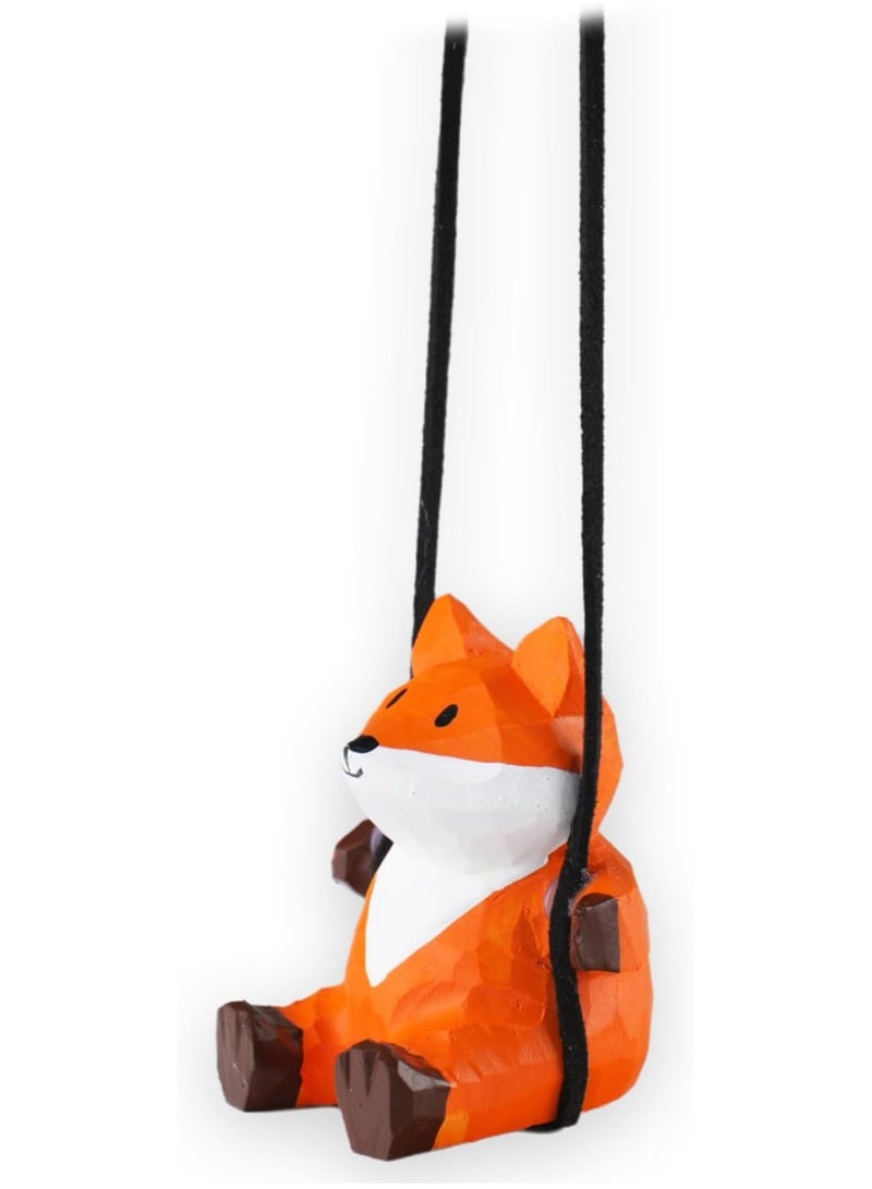 Generic 100 percent  Handmade Wooden Swinging Fox Car Hanging Ornament Cute Hand Carved Painted Wood Fox Figurine Car Mirror Hanging Accessories Decor Gifts - Image 2