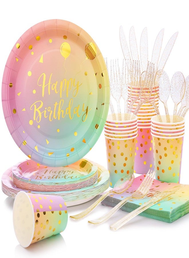 Boocikey 175PCS Pastel Birthday Decorations,Birthday Plates and Napkins Party Supplies,Disposable Rainbow Birthday Plates,Pastel Paper Plates for Girl Women Birthday Party Decorations,Serves 25 Guests - Image 1