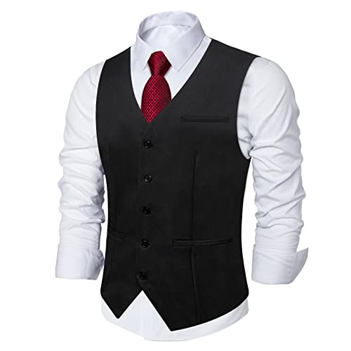 DiBanGu Men's Black Suit Vest Business Dress Waistcoat with 2 Pockets V-Neck Tuxedo Vests for Formal Wedding, Black, XL - Image 1