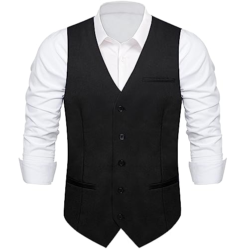 DiBanGu Men's Black Suit Vest Business Dress Waistcoat with 2 Pockets V-Neck Tuxedo Vests for Formal Wedding, Black, XL - Image 2