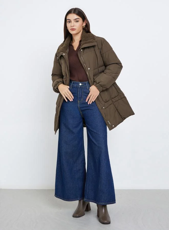 Styli Brown Longline Padded Coat with Faux Fur Lining