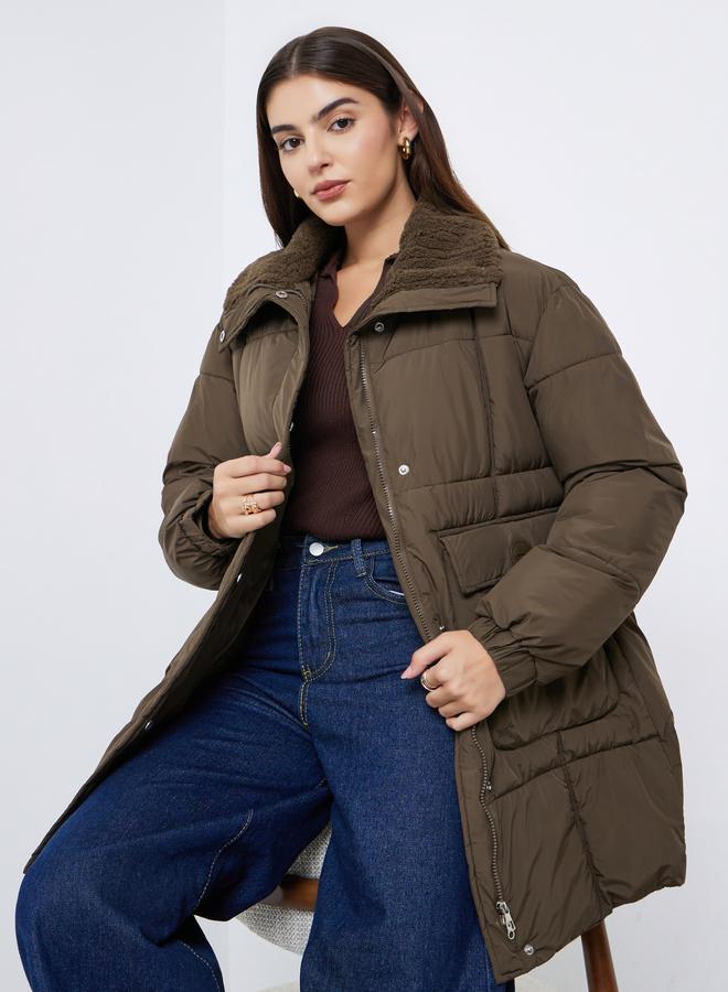 ستايلي معطف طويل مبطن مع فرو صناعي - Image 1