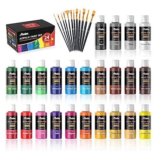 ABEIER Acrylic Paint Set, 24 Colors (60ml/2oz) with 12Paint Brushes, Non-Toxic, Waterproof, Strong Coverage for Kids Adults Beginners Students, Painting on Canvas Stone Wood Fabric Rocks Ceramic - Image 1