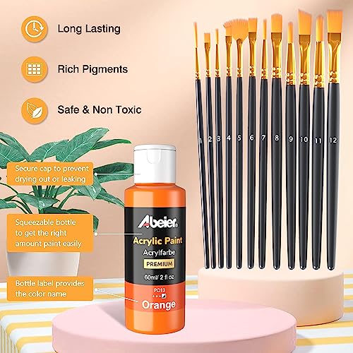 ABEIER Acrylic Paint Set, 24 Colors (60ml/2oz) with 12Paint Brushes, Non-Toxic, Waterproof, Strong Coverage for Kids Adults Beginners Students, Painting on Canvas Stone Wood Fabric Rocks Ceramic - Image 3