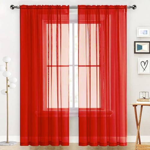 SpaceDresser Basic Rod Pocket Sheer Voile Window Curtain Panels Red 1 Pair 2 Panels 52 Width 84 Inch Long for Kitchen Bedroom Children Living Room Yard(Red,52 W x 84 L) - Image 1