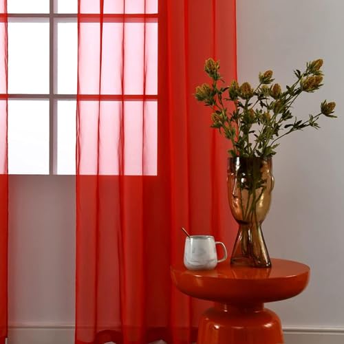 SpaceDresser Basic Rod Pocket Sheer Voile Window Curtain Panels Red 1 Pair 2 Panels 52 Width 84 Inch Long for Kitchen Bedroom Children Living Room Yard(Red,52 W x 84 L) - Image 2