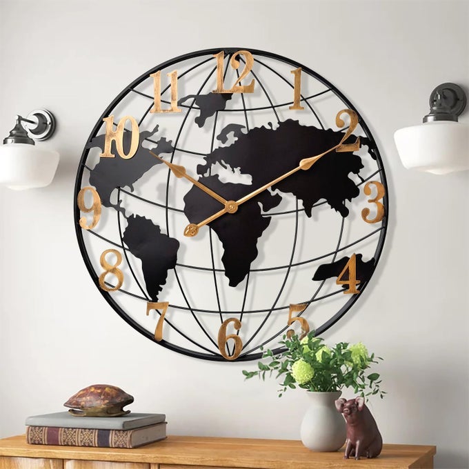 LARGE WORLD MAP WALL CLOCK METAL MINIMALIST MODERN CLOCKROUND SILENT NONTICKING BATTERY OPERATED WALL CLOCKS FOR LIVING ROOMHOMEKITCHENBEDROOMOFFICEFARMHOUSE DECOR 24 INCH