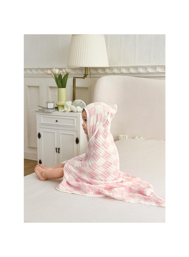 Brnabiou Ultra Soft Checkered Muslin Hooded Baby Towels for Newborn Boys and Girls 2 Pack 32x32 inch Cotton Muslin Baby Bath Towels for Newborns Toddlers,Newborn Essential (Cream and Pink) - Image 2