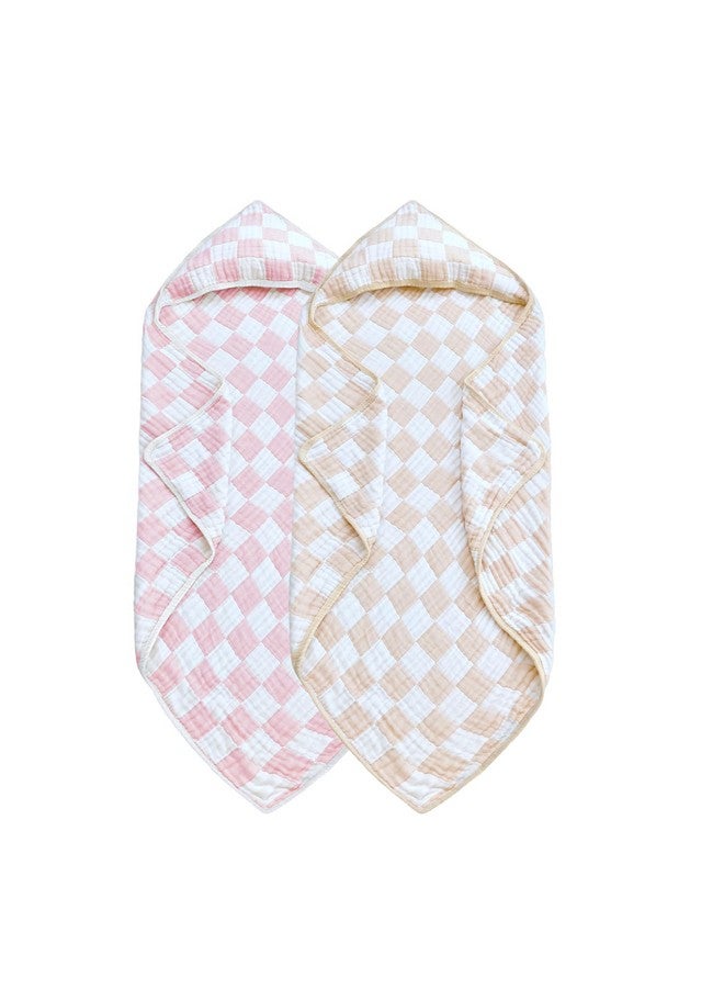 Brnabiou Ultra Soft Checkered Muslin Hooded Baby Towels for Newborn Boys and Girls 2 Pack 32x32 inch Cotton Muslin Baby Bath Towels for Newborns Toddlers,Newborn Essential (Cream and Pink) - Image 1
