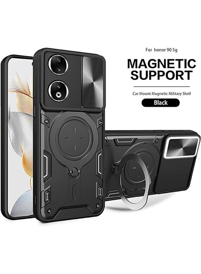 For Honor 90 5G Case with Slide Camera Cover and Stand Kickstand Magnetic Ring Military Grade Shockproof Protective Cover, Anti-Fall Drop Protection,Shockproof Case For Honor 90 5G,Black  - Image 1