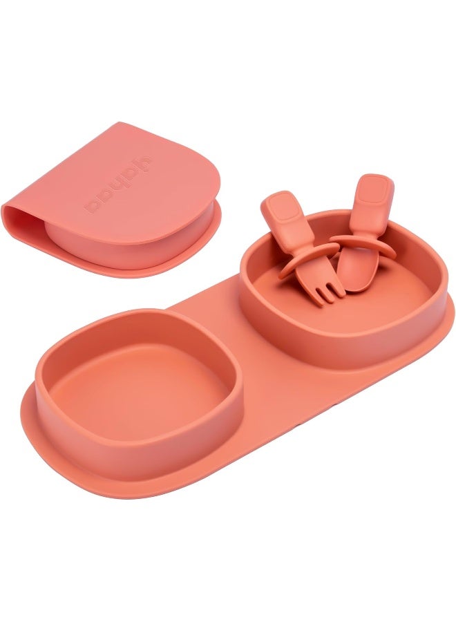 yahaa Toddler Plates Travel Essential on the go, Baby Plates with Forks and Spoons Self Feeding 6 months, Foldable, Silicone, BPA Free, Watermelon - Image 1