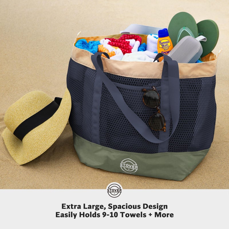 STOVER Extra Large Mesh Nylon Beach Bag, Vacation, Pool, Shopping, Toy, & Travel Tote - Foldable w/Storage Pouch & Pockets for Women, Men & Families - Heavy-Duty and Water-Resistant (Olive Green/Tan) - Image 1