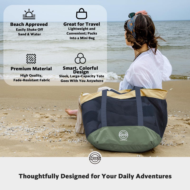STOVER Extra Large Mesh Nylon Beach Bag, Vacation, Pool, Shopping, Toy, & Travel Tote - Foldable w/Storage Pouch & Pockets for Women, Men & Families - Heavy-Duty and Water-Resistant (Olive Green/Tan) - Image 5