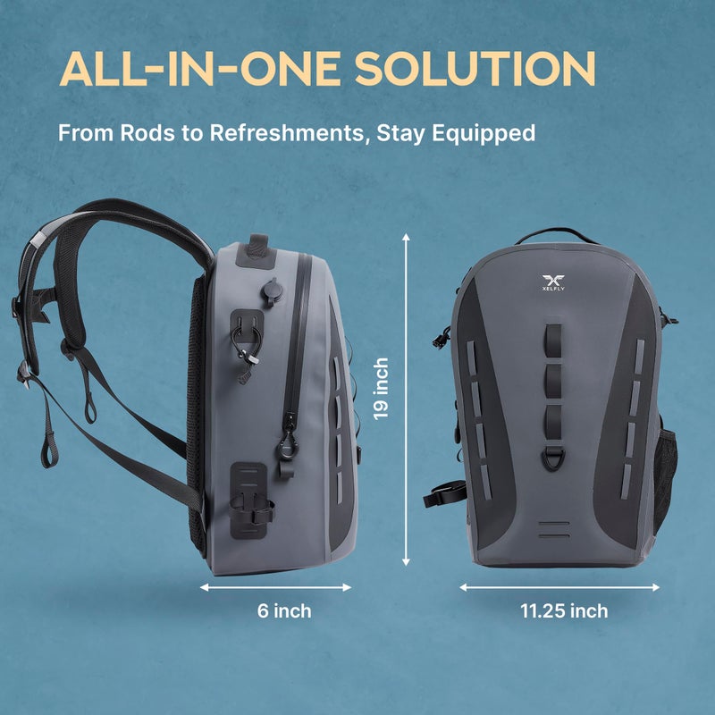 Xelfly Waterproof Fishing Backpack G2 with Rod Holder, Inflatable Air Valve, Padded Waist Straps & Gear Loops - Submersible Zipper, Rugged Top Handle, Adjustable Attachments (Gray) - Image 5