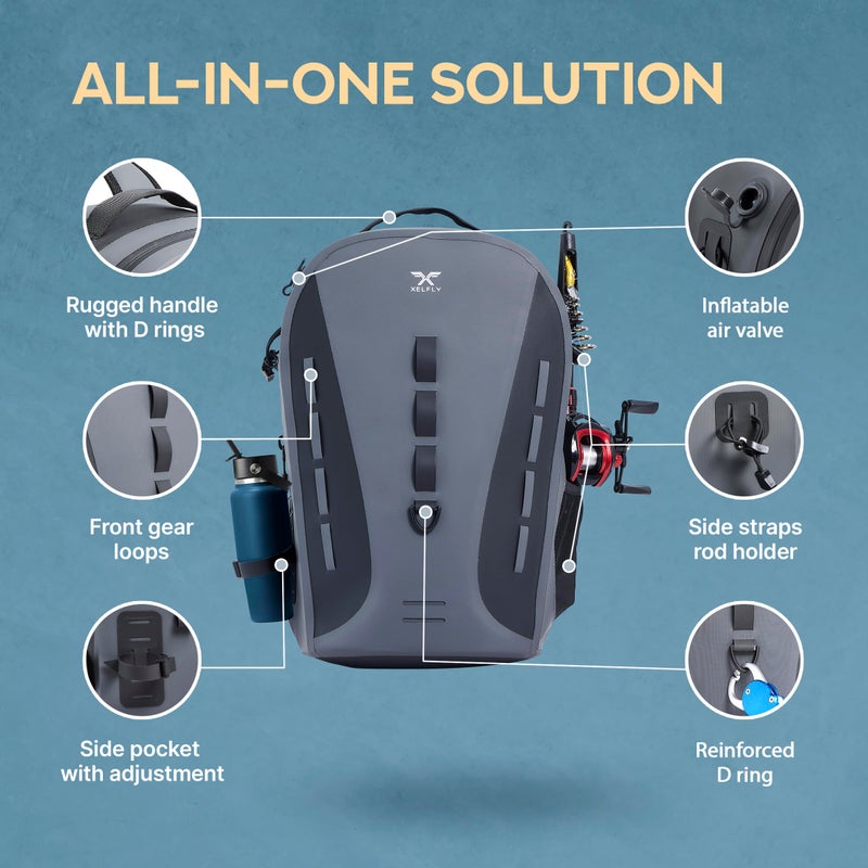 Xelfly Waterproof Fishing Backpack G2 with Rod Holder, Inflatable Air Valve, Padded Waist Straps & Gear Loops - Submersible Zipper, Rugged Top Handle, Adjustable Attachments (Gray) - Image 3