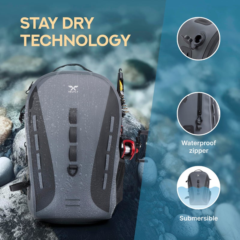Xelfly Waterproof Fishing Backpack G2 with Rod Holder, Inflatable Air Valve, Padded Waist Straps & Gear Loops - Submersible Zipper, Rugged Top Handle, Adjustable Attachments (Gray) - Image 2