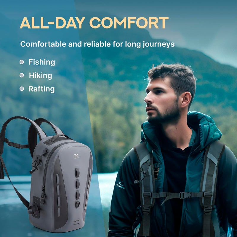 Xelfly Waterproof Fishing Backpack G2 with Rod Holder, Inflatable Air Valve, Padded Waist Straps & Gear Loops - Submersible Zipper, Rugged Top Handle, Adjustable Attachments (Gray) - Image 4