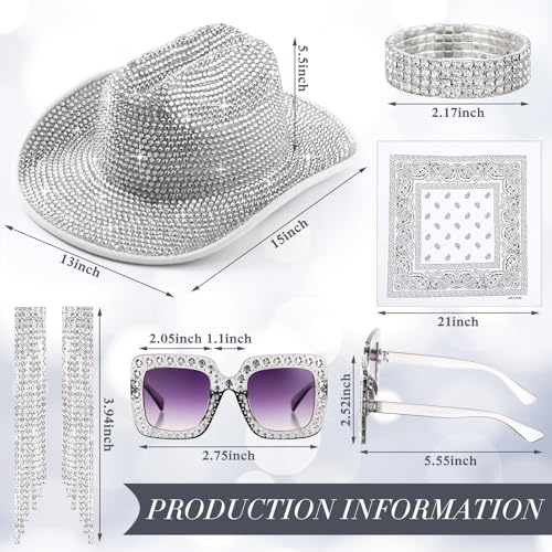 Cuffbow 5 Set Cowgirl Hat for Women Bling Rhinestone Cowboy Sunglasses Hat Earring Bandana Halloween Outfit Cosplay Party(Silver) - Image 2