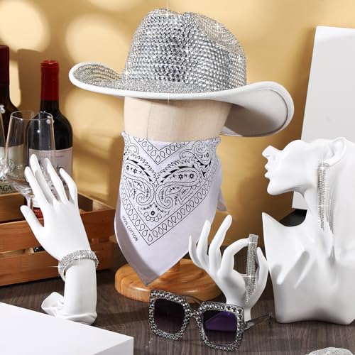Cuffbow 5 Set Cowgirl Hat for Women Bling Rhinestone Cowboy Sunglasses Hat Earring Bandana Halloween Outfit Cosplay Party(Silver) - Image 4