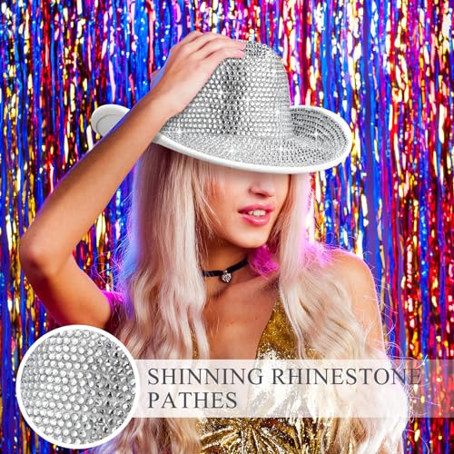 Cuffbow 5 Set Cowgirl Hat for Women Bling Rhinestone Cowboy Sunglasses Hat Earring Bandana Halloween Outfit Cosplay Party(Silver) - Image 5