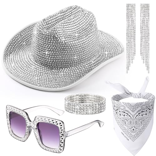 Cuffbow 5 Set Cowgirl Hat for Women Bling Rhinestone Cowboy Sunglasses Hat Earring Bandana Halloween Outfit Cosplay Party(Silver) - Image 1