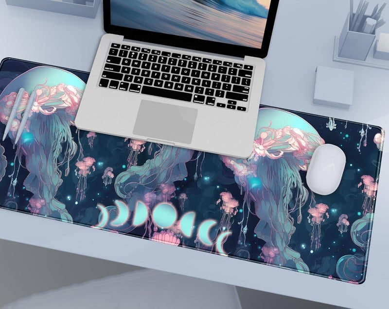 DCJJM Anime Jellyfish Desk Mat Neon Blue XL Large Extended Gaming Mouse Pad Cute Ocean Moon Mats Computer Laptop Keyboard Mouse Mat Desk Pad 31.5x11.8 in, Desktop Protector for Women with Stitched Edges - Image 3