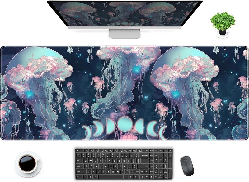 DCJJM Anime Jellyfish Desk Mat Neon Blue XL Large Extended Gaming Mouse Pad Cute Ocean Moon Mats Computer Laptop Keyboard Mouse Mat Desk Pad 31.5x11.8 in, Desktop Protector for Women with Stitched Edges - Image 1