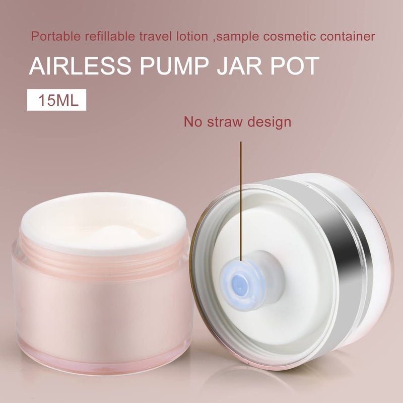 USRommaner 0.5 oz/15 ml Airless Pump Jar,Empty Acrylic Vacuum Jar with Press Pump,Portable Travel Face Cream Lotion Sample Cosmetic Container Pot for Makeup,Essence,Moisturizer,Eye Cream-4 Pack,Pink - Image 2