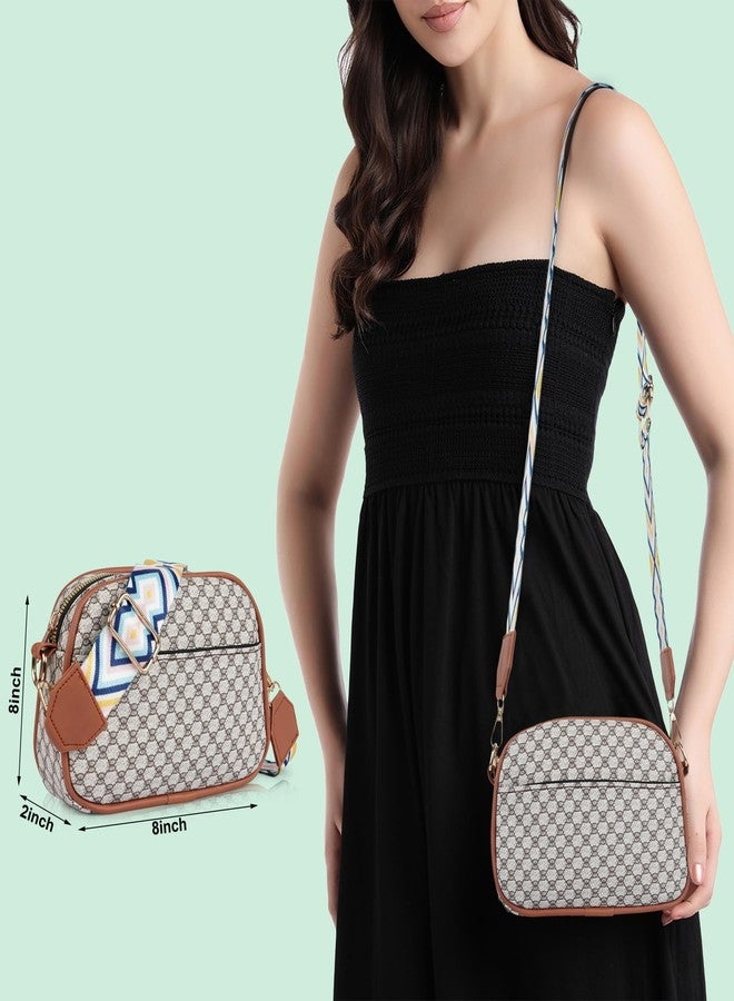 DANIEL CLARK Geometric Print Crossbody sling Bag with Adjustable Multicolor Strap (Beige & Brown) - Image 4