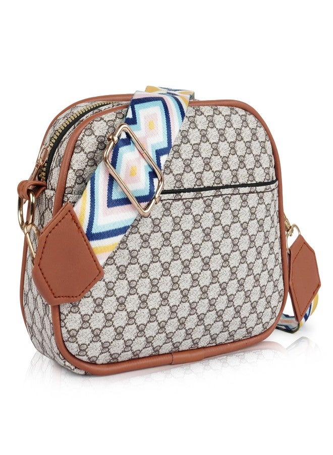DANIEL CLARK Geometric Print Crossbody sling Bag with Adjustable Multicolor Strap (Beige & Brown) - Image 1