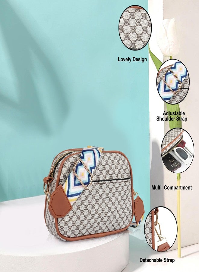 DANIEL CLARK Geometric Print Crossbody sling Bag with Adjustable Multicolor Strap (Beige & Brown) - Image 2