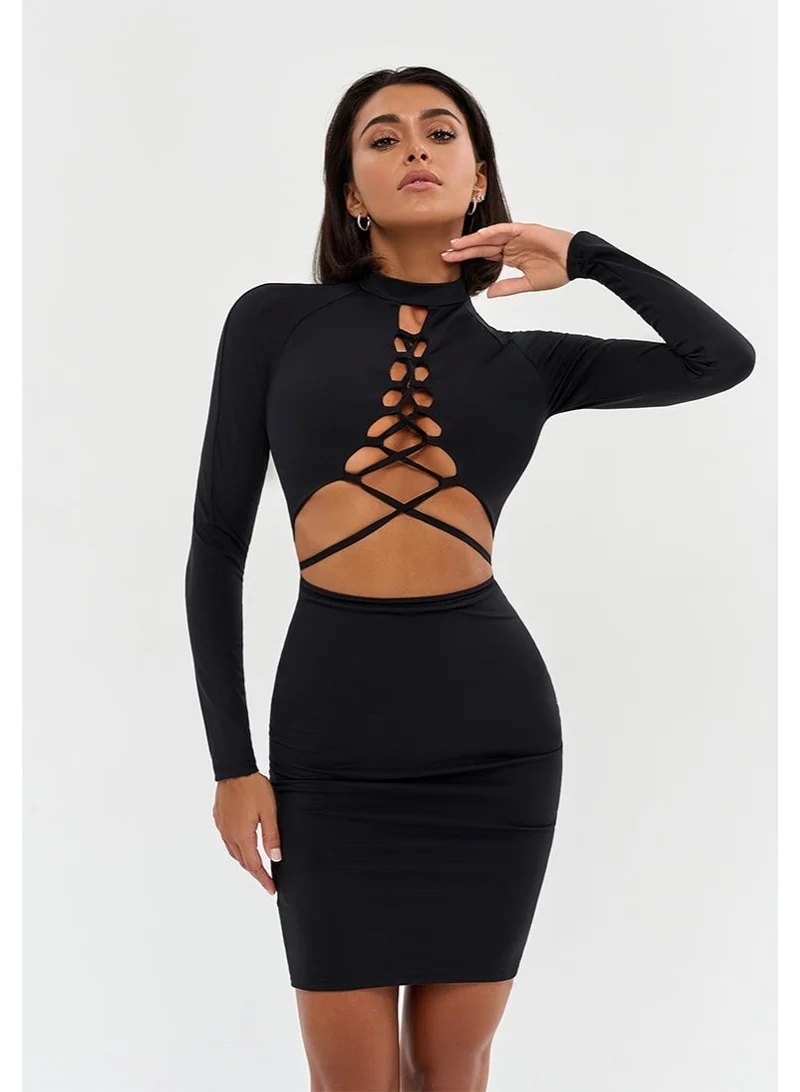 بونا فيدي فستان نسائي ضيق بقصة Cut Out من Bona Fide – فستان ميني بأكمام طويلة لإطلالة مسائية جذابة