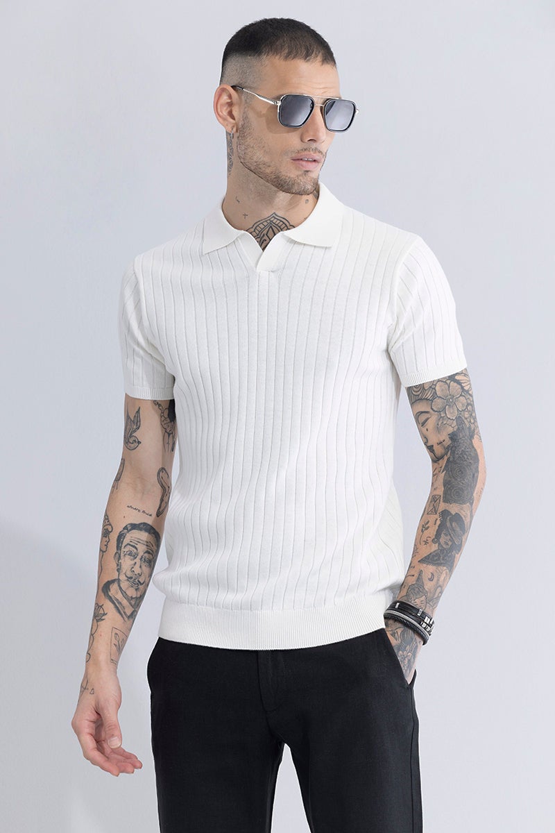 SNITCH Sleek Striped White Polo T-Shirt - Image 2