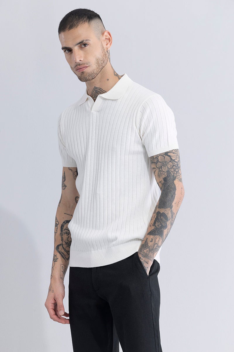 SNITCH Sleek Striped White Polo T-Shirt - Image 4