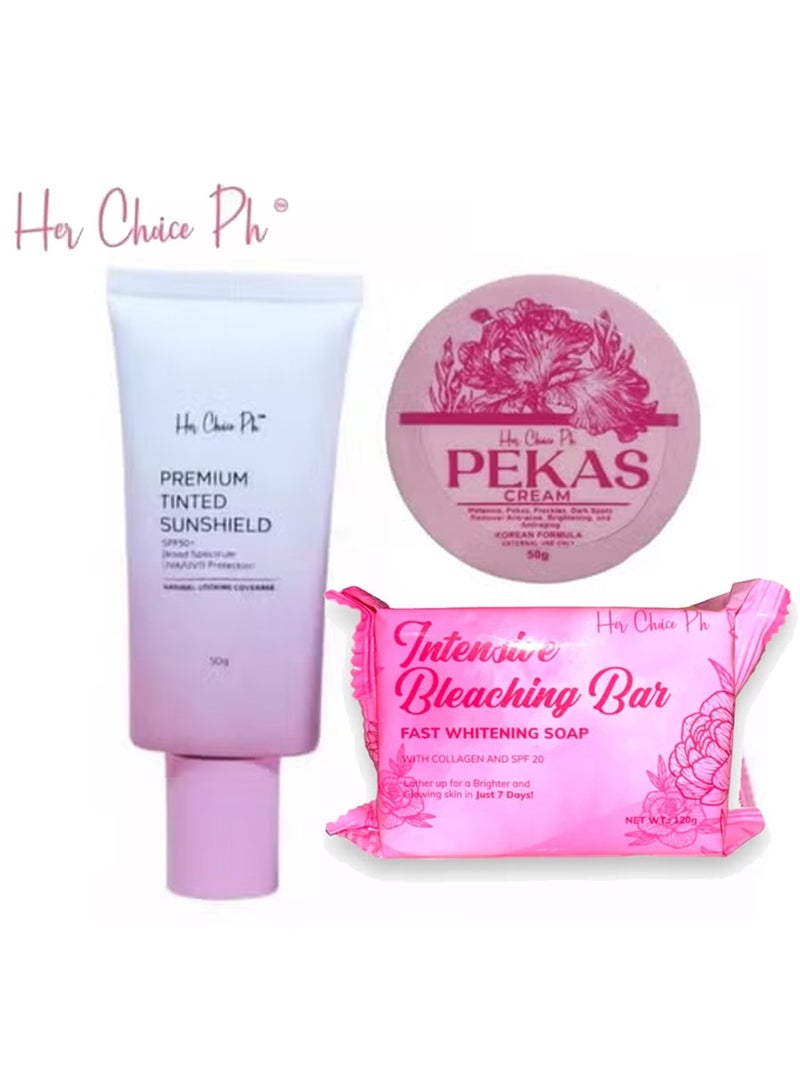Her Choice Ph Intensive Whitening Soap 120 grams & Pekas Remover Cream To Reduce Melasma Freckles and Dark Spots 50 grams & Premium Tinted Sunshield SPF50 - 50gm - Image 1
