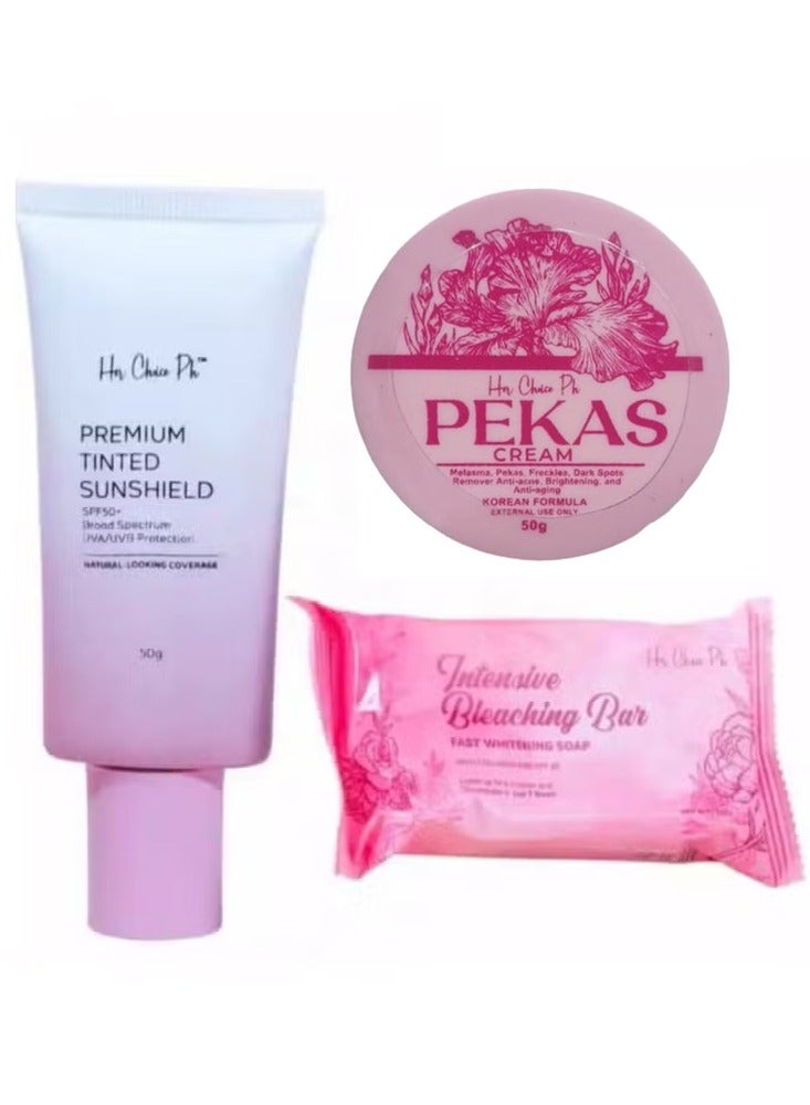 Her Choice Ph Intensive Whitening Soap 120 grams & Pekas Remover Cream To Reduce Melasma Freckles and Dark Spots 50 grams & Premium Tinted Sunshield SPF50 - 50gm - Image 2