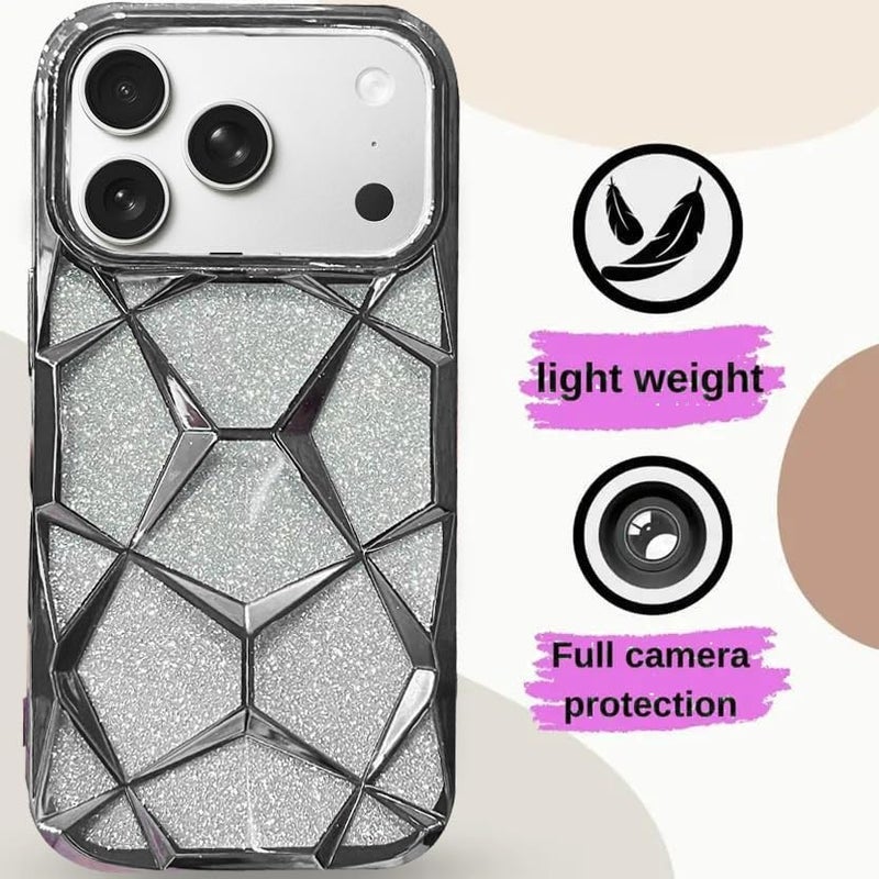 VONZEE Gradient Glitter Back Cover Case Compatible with iPhone 17 Pro Max, Luxury Electroplated 3D Cube, Diamond Bling Shiny Soft TPU Clear Shockproof Women Girls Protective Phone Cover (Grey) - Image 4