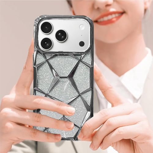 VONZEE Gradient Glitter Back Cover Case Compatible with iPhone 17 Pro Max, Luxury Electroplated 3D Cube, Diamond Bling Shiny Soft TPU Clear Shockproof Women Girls Protective Phone Cover (Grey) - Image 5