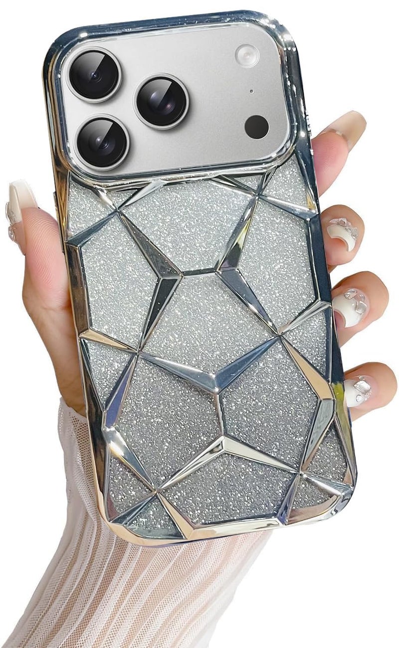 VONZEE Gradient Glitter Back Cover Case Compatible with iPhone 17 Pro Max, Luxury Electroplated 3D Cube, Diamond Bling Shiny Soft TPU Clear Shockproof Women Girls Protective Phone Cover (Grey) - Image 1
