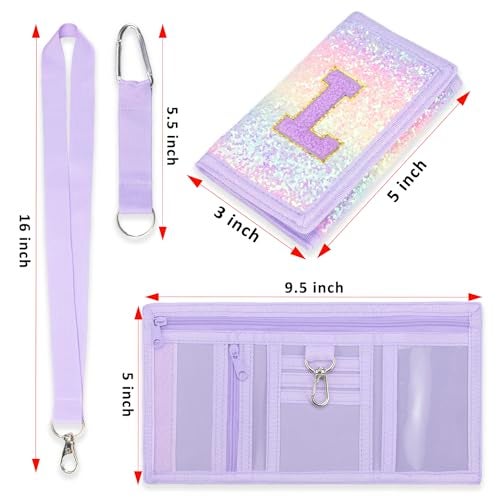 SiorVeol Girls Wallet for Kids Initial Glitter Wallets Trifold with Zipper and Card Slots Including Neck Lanyard and Hanging Strap, Pink Purple, L - Image 5