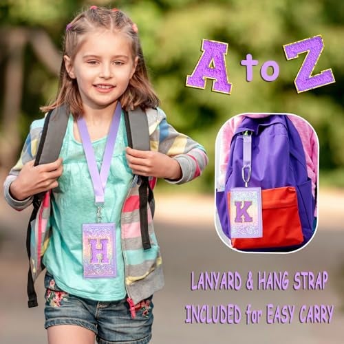 SiorVeol Girls Wallet for Kids Initial Glitter Wallets Trifold with Zipper and Card Slots Including Neck Lanyard and Hanging Strap, Pink Purple, L - Image 2
