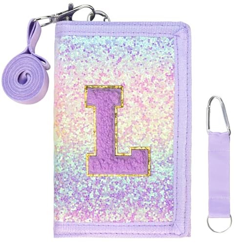 SiorVeol Girls Wallet for Kids Initial Glitter Wallets Trifold with Zipper and Card Slots Including Neck Lanyard and Hanging Strap, Pink Purple, L - Image 1