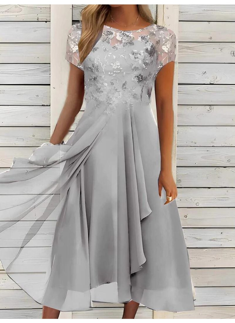 Generic 2023 European Chiffon Sequined Print Maxi Dress Blue  - Image 4