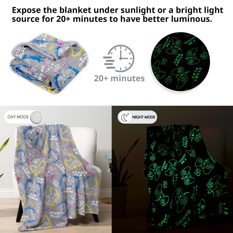 Wesan Gaming Gamer Glow in The Dark Blanket Boys Kids Teens Gifts for Birthday Christmas Valentine's Easter Age 1 2 3 4 5 6 7 8 9 10 11 12 13 Toddlers Video Game Gift Toys Fun Fluffy Plush Throw 50""x60""  - Image 2