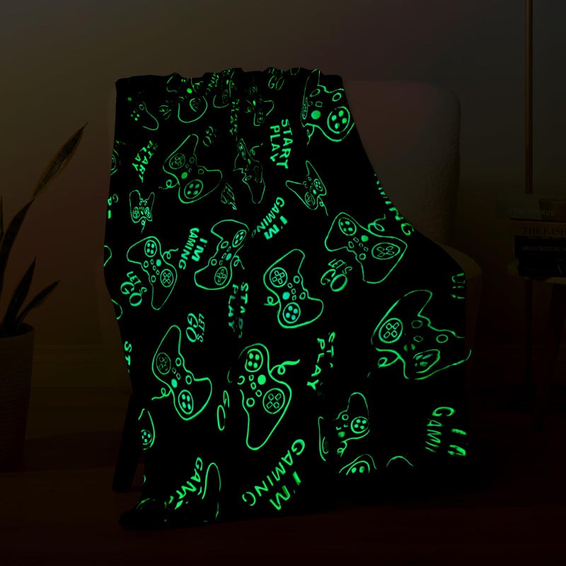 Wesan Gaming Gamer Glow in The Dark Blanket Boys Kids Teens Gifts for Birthday Christmas Valentine's Easter Age 1 2 3 4 5 6 7 8 9 10 11 12 13 Toddlers Video Game Gift Toys Fun Fluffy Plush Throw 50""x60""  - Image 1