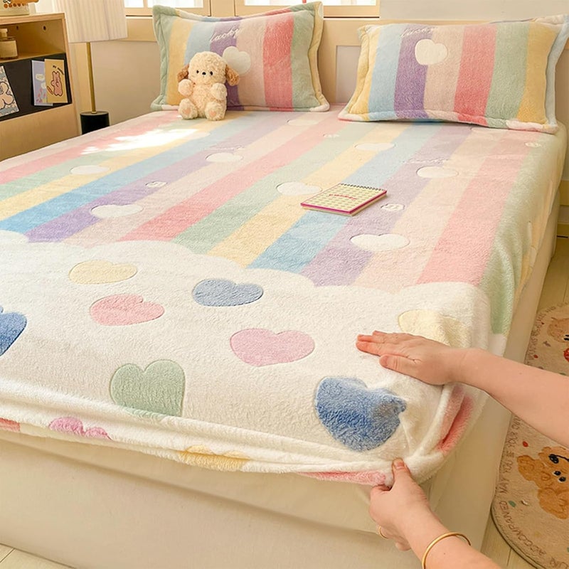 MorroMorn Fleece Queen Fitted Sheet Only, Super Soft Plush Bottom Sheet with 20" Deep Pocket, Pink Kawaii Cute for Girls Kids Teen Fall Winter Spring, No Pillowcases (Rainbow Love, Queen) - Image 1