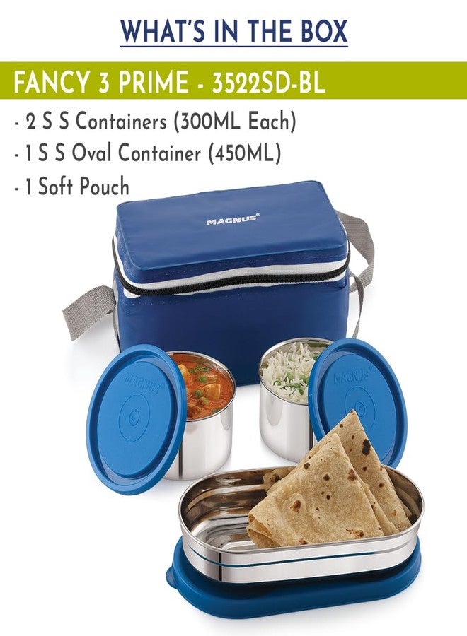 Magnus Fancy 3 Prime Steel Lunch Box Set | Leak-Proof Lunch Box for Kids | Lunch Boxes for Office Men & Women | Tiffin with 3 Compartments & Washable Cover | Safe & Stylish Design (Blue) - Image 2